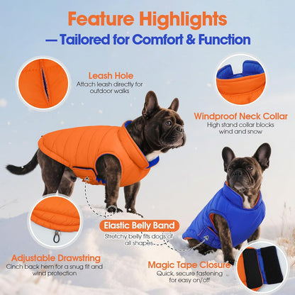 QBLEEV Reversible Dog Winter Coat, Waterproof Windproof Dog Jacket with Adjustable Fit & Leash Hole, Lightweight Warm Puffer Vest for Large Breeds, Orange, 2XL – Fits Labrador, Husky, Weimaraner