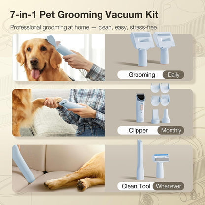 Dog Grooming Vacuum Kit with Clippers, 7-in-1 Pet Hair Grooming Set for Dogs, Hair Dryer with 3 Heat Settings, 11000Pa Suction, 2.5L Dustbin(Powder Blue & Pink)