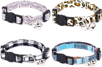 4 Pack Cotton Breakaway Cat Collar with Bell,Safety Adjustable Cat Collars Set,Ideal for Girl Cats Boy Cats