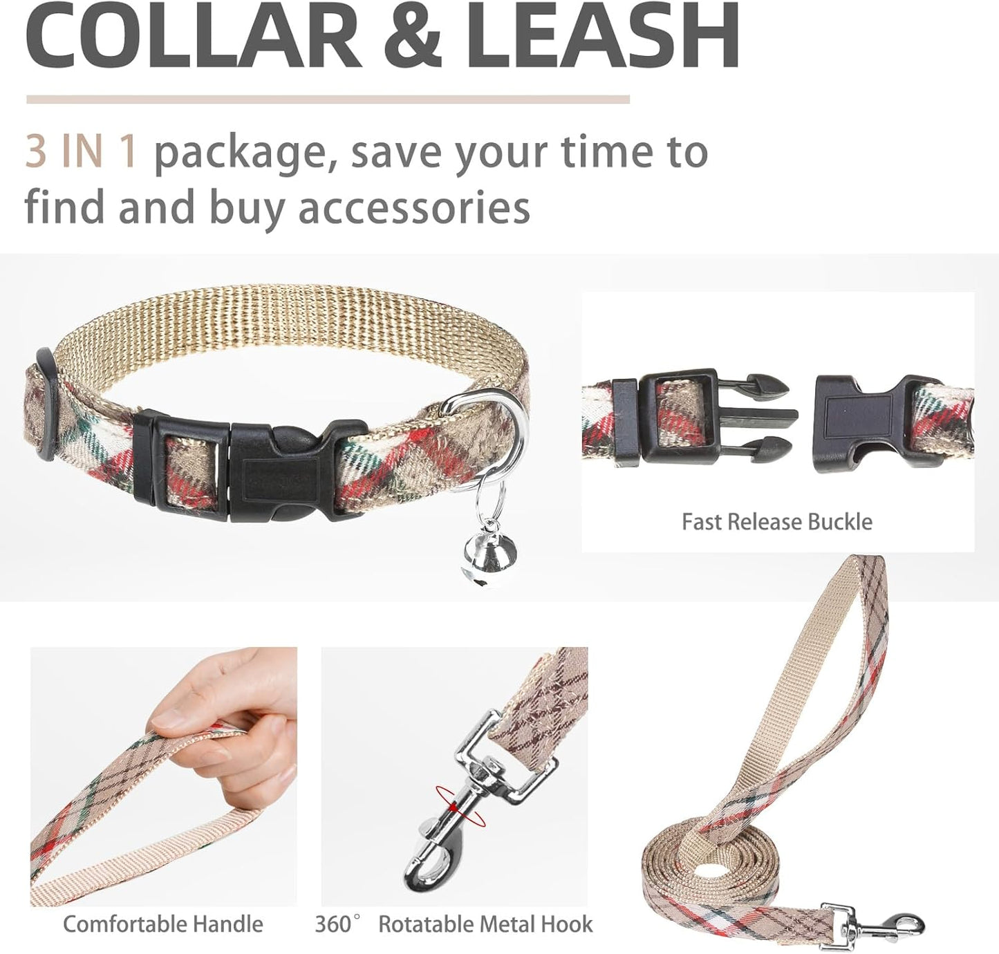 PUPTECK Adjustable Dog Harness Collar and Leash Set Step in No Pull Pet Harness for Small Medium Dogs Puppy and Cats Outdoor Walking Running, Soft Mesh Padded Reflective Vest Harnesses, Khaki S