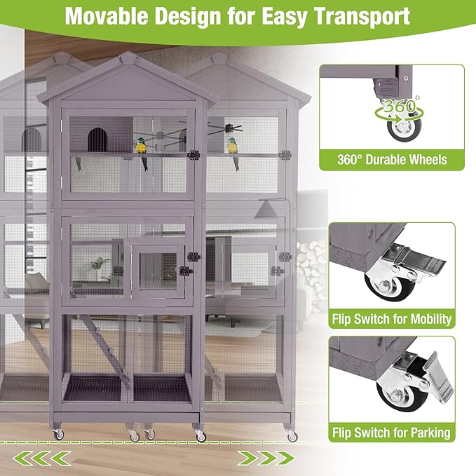 GUTINNEEN Large Bird Cage Outdoor Wooden Aviary Indoor on Wheels, with Play Stand, Perches, Nest Habitat & Wire Mesh Tray for Easy Cleaning