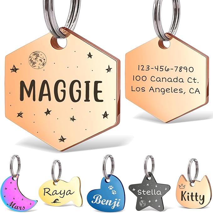 Anavia Small Size Dog Cat ID Tags, Small/XS Personalized Color Plated Stainless Steel Puppy Kitten Name Tags, Customized Engraved Nameplate Pet Collar Tag (Rose Gold, Hexagon)