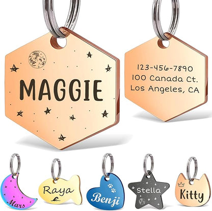 Anavia Small Size Dog Cat ID Tags, Small/XS Personalized Color Plated Stainless Steel Puppy Kitten Name Tags, Customized Engraved Nameplate Pet Collar Tag (Rose Gold, Hexagon)
