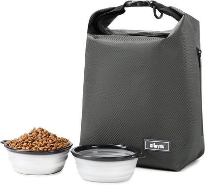 Waterproof Pet Food Storage Bag,Dog Food Container 20 lb w/2PCS Collapsible Dog Travel Bowls and Zipper Side Pocket(Gray, Large)