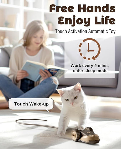CYROS 3-in-1 Interactive Cat Toy - 2-Speed Automatic Moving Mouse Cat Toys Self Play with 2pcs Hanging Feather String Ribbon and Wiggly Silicone Mice Tail for Bored Indoor Adult Cats Kittens