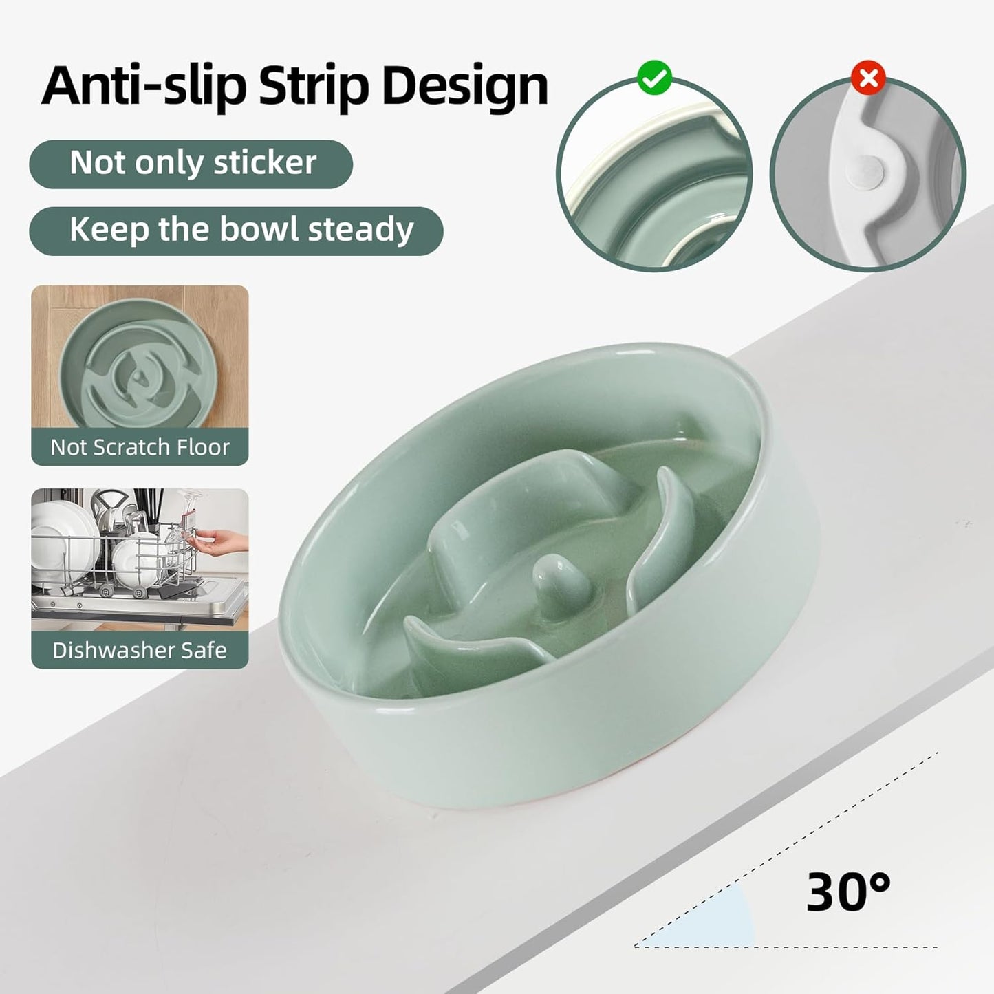 Ceramic 0.9 Cup Raised Slow Feeder Dog Bowl Set, Elevated 5.1inch Water Bowl and 6.1inch Puzzle Slow Pet Food Dish with Wooden Stand for Small Dog and Cat(2 x Light Green+ Stand)