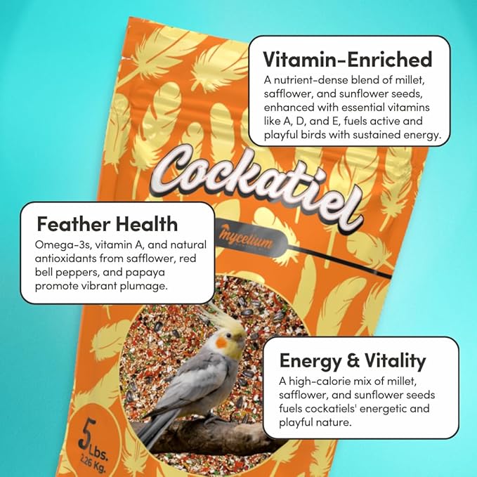 Mycelium Cockatiel Cuisine Bird Food | 5 lb Premium Seed Mix with Vegetables, Fruits, Sunflower Seeds, Oat Groats & Buckwheat for Energy, Digestion, and Feather Health | Organic & Non-GMO