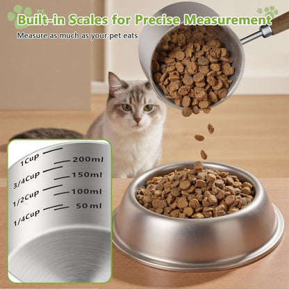 Dog-Cat Food Scoop 1 Cup, 304 Stainless Steel Measuring Cup with Long Wooden Handle, Pet Food Scoop for Rabbit, Easy to Clean Precise Scale