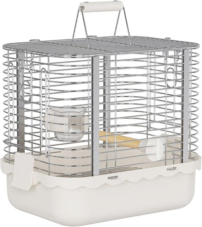 Bird Carrier Travel Cage, Durable Portable Stainless Steel Birdcage with Bird Perch & Feeding Bowl for Parrots Canaries Budgies Lovebirds Conures Cockatiels (Small White)