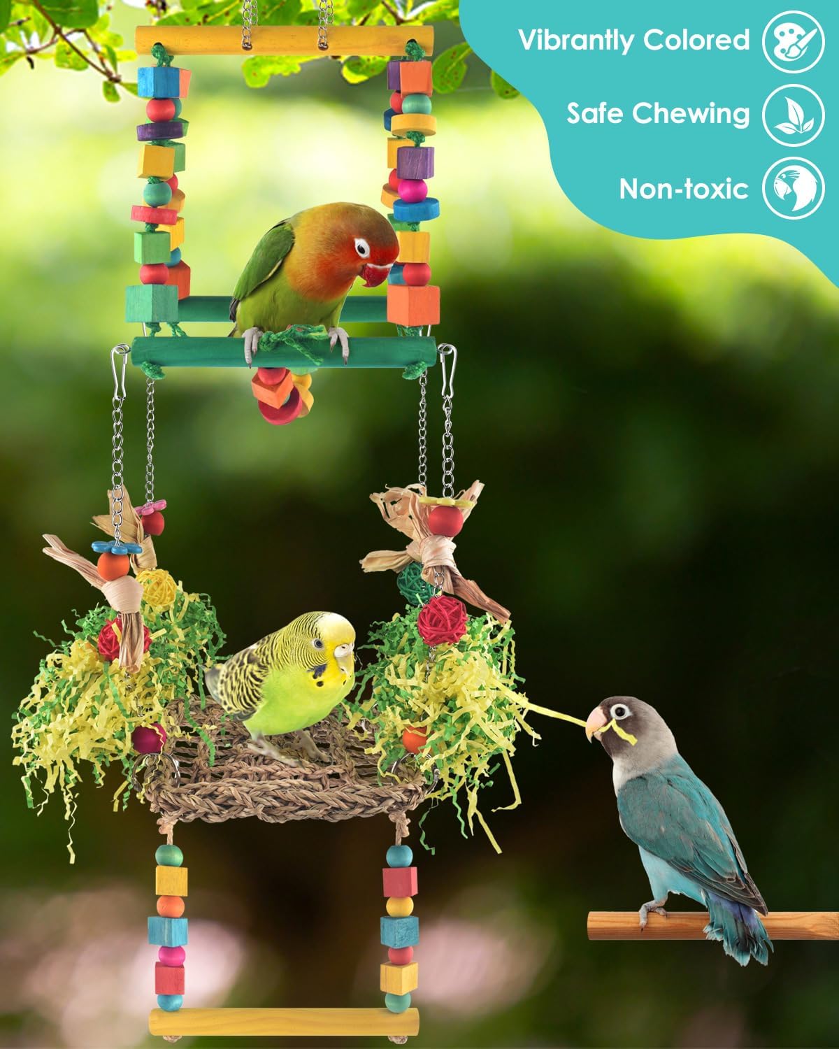 Bird Hammock Toys Parakeet Perches Swing, 3in1 Detachable Parrot Cage Accessories, Wooden Hanging Chew Toys for Small to Large Conure Cockatiel Quaker African Grey