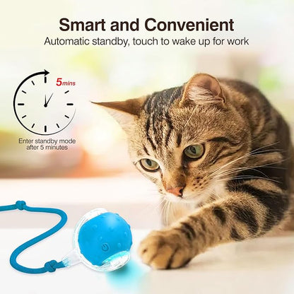 Electric Interactive Cat Toy Ball - Automatic Rolling Silicone Cat Toys for Indoor Cats, Durable Chew-Proof Motorized Kitty Ball with LED Light, Fun Exercise Toys for Bored Kittens（Blue）