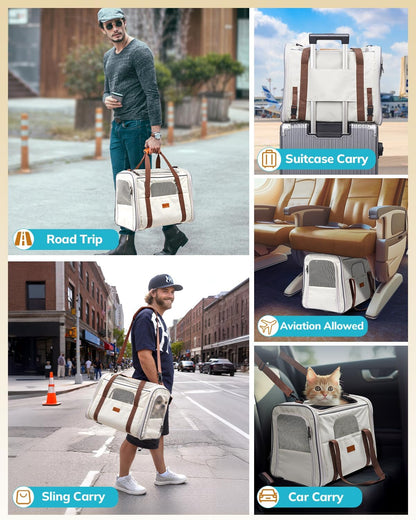 Morpilot Cat Carrier - Soft Sided Cat Carrier Large for Big Medium Cats and Puppy up to 18lbs, Pet Carrier with Safety Zippers, Foldable Bowl, Airline Approved Large Dog Carrier - Beige