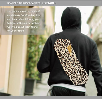 Bearded Dragon Leash and Harness Set, Beardie Carrier, Lizard Adjustable Harness with Leather Wings and Sling Bag, Reptile Small Pet Backpack Batwing Accessories (Leopard Pattern)