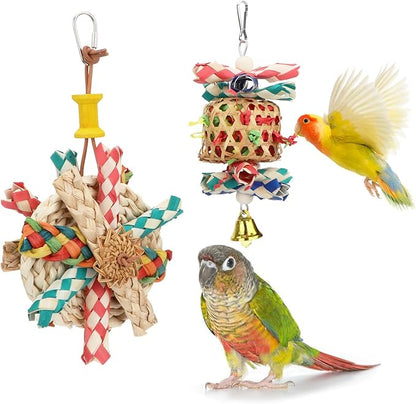 Hypeety Bird Foraging Toys Natural Seagrass Woven Basket Parrot Foraging Chewing Toy with Bell Parakeet Hanging Toys for Cockatiel Sun Parakeet Budgie Lovebirds (2pcs Bite Cake + Woven Basket)