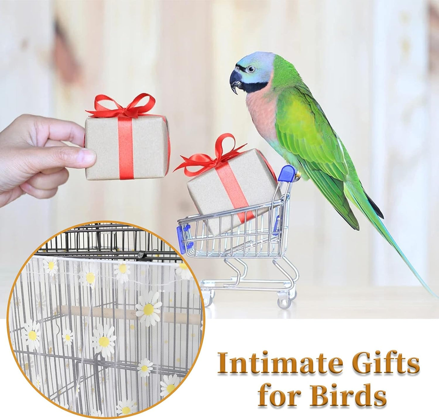 Daoeny Large Bird Cage Cover, Bird Cage Seed Catcher, Adjustable Soft Nylon Mesh Net with Daisy Pattern, Birdcage Cover Skirt Seed Guard for Parrot Parakeet Macaw Round Square Cages (White)