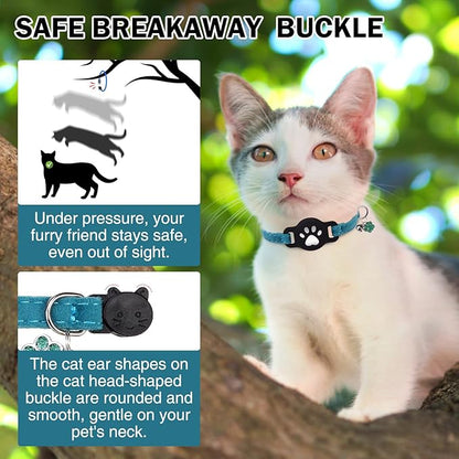 AirTag Cat Collar with Bells, Soft Velvet Cat Collar Breakaway with Airtag Holder, Safety Cat GPS Tracker Collars for Girl Boy Cats, Kittens and Puppies, Adjustable 8"-12"