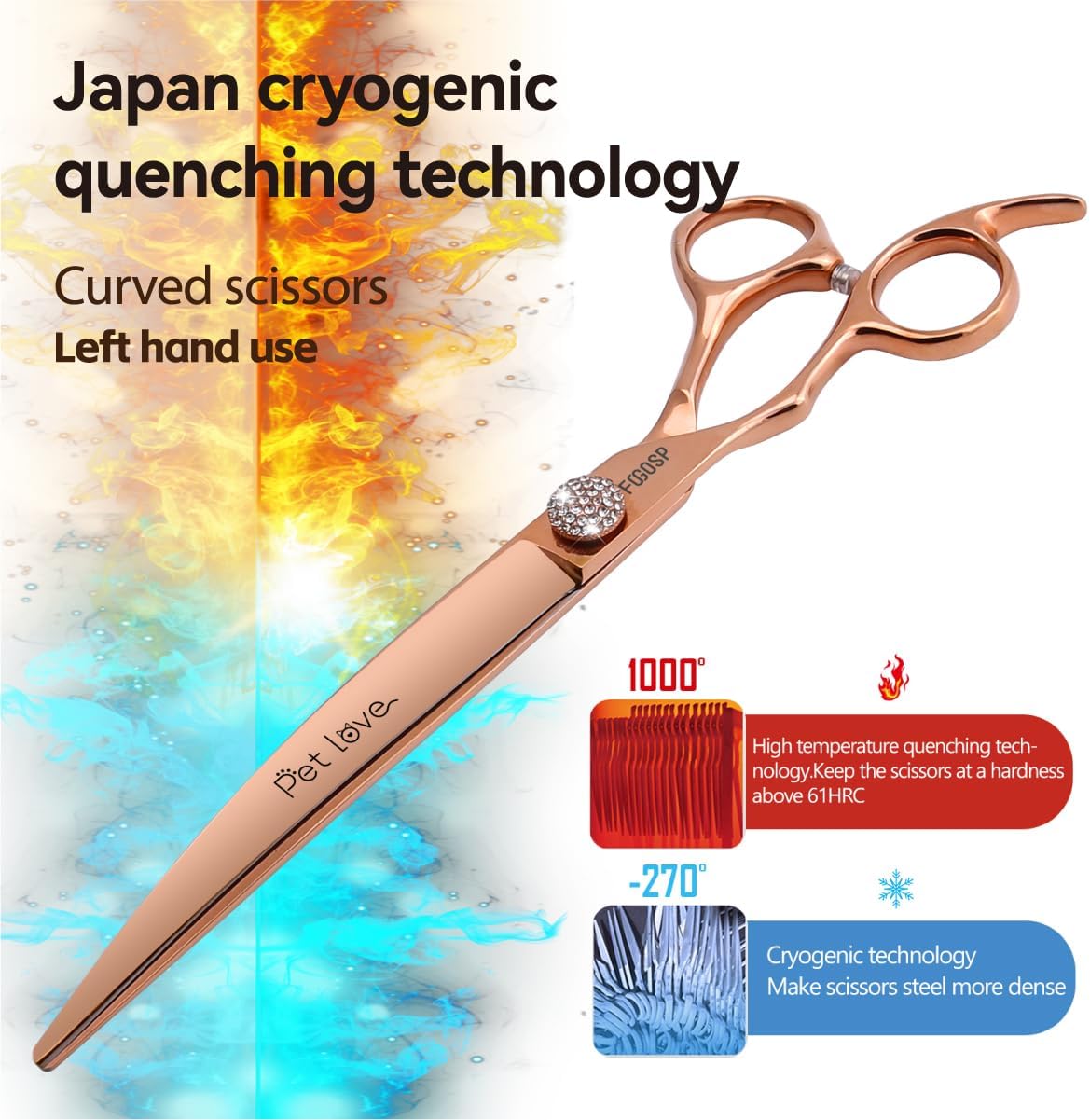 Professional Left Handed Curved Dog Grooming Scissors 8'' Downward 30° Rose Gold Titanium Japan 440C Pet Grooming Trimming Shears for Large Dog Poodle(8,Curved)