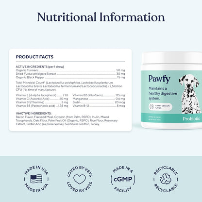 Pawfy Probiotics for Dogs | Supports Digestive Health, Diarrhea for Small, Large Dogs | Improves Gut Health | Anti Yeast Supplements | Skin Health Seasonal Allergies Support - 30 Chews (Bacon)