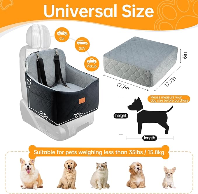 Dog Car Seats for Small/Medium Dogs, FurFrolic Memory Foam Dog Booster Seat for Small Dogs up to 35 lbs, Travel Pet Car Seat with Washable Detachable Cover, Storage Pockets, 2 Safety Belts, Black Gray