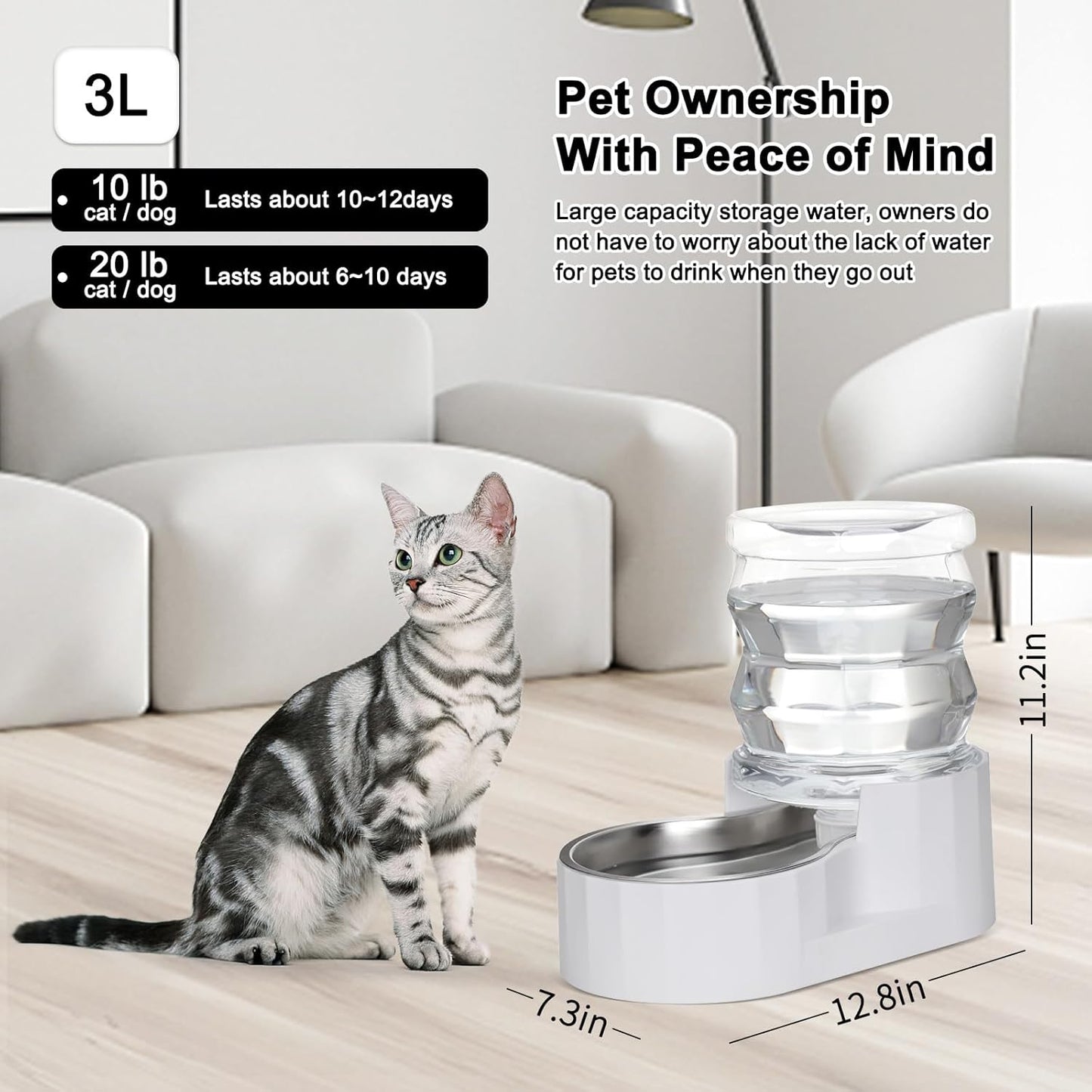 RIZZARI Gravity Water Bowl Dispenser for Cats: 4L White Automatic Stainless Steel Dog Feeder Without Filter - for 8-20LB Elderly Pets with Joint Spine Pain - for Kitchen Bedroom