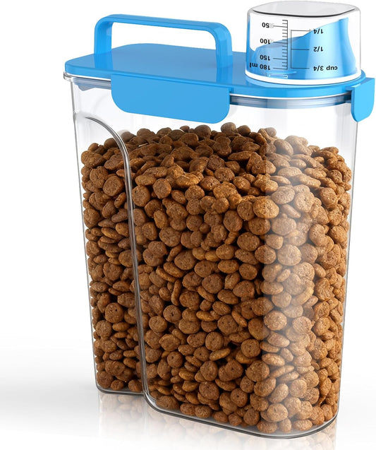 Dog Cat Food Storage Container, 5-7Lbs Pet Food Containers, Airtight Cat Food Container with Portable Handle & Measuring Cup, Small Animal Dry Food Dispenser for Dogs, Cats and Birds