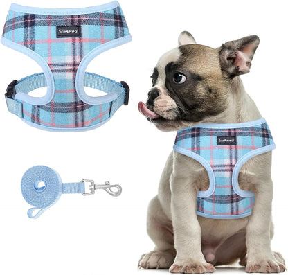 SCENEREAL Puppy Dog Harness with Leash Set for Small Medium Sized Dogs, Soft Mesh Step in Pet Harnesses and Leash, No Chock Plaid Adjustable No Pull Vest for Dogs Cats, Chihuahua,Bulldog (Blue M)