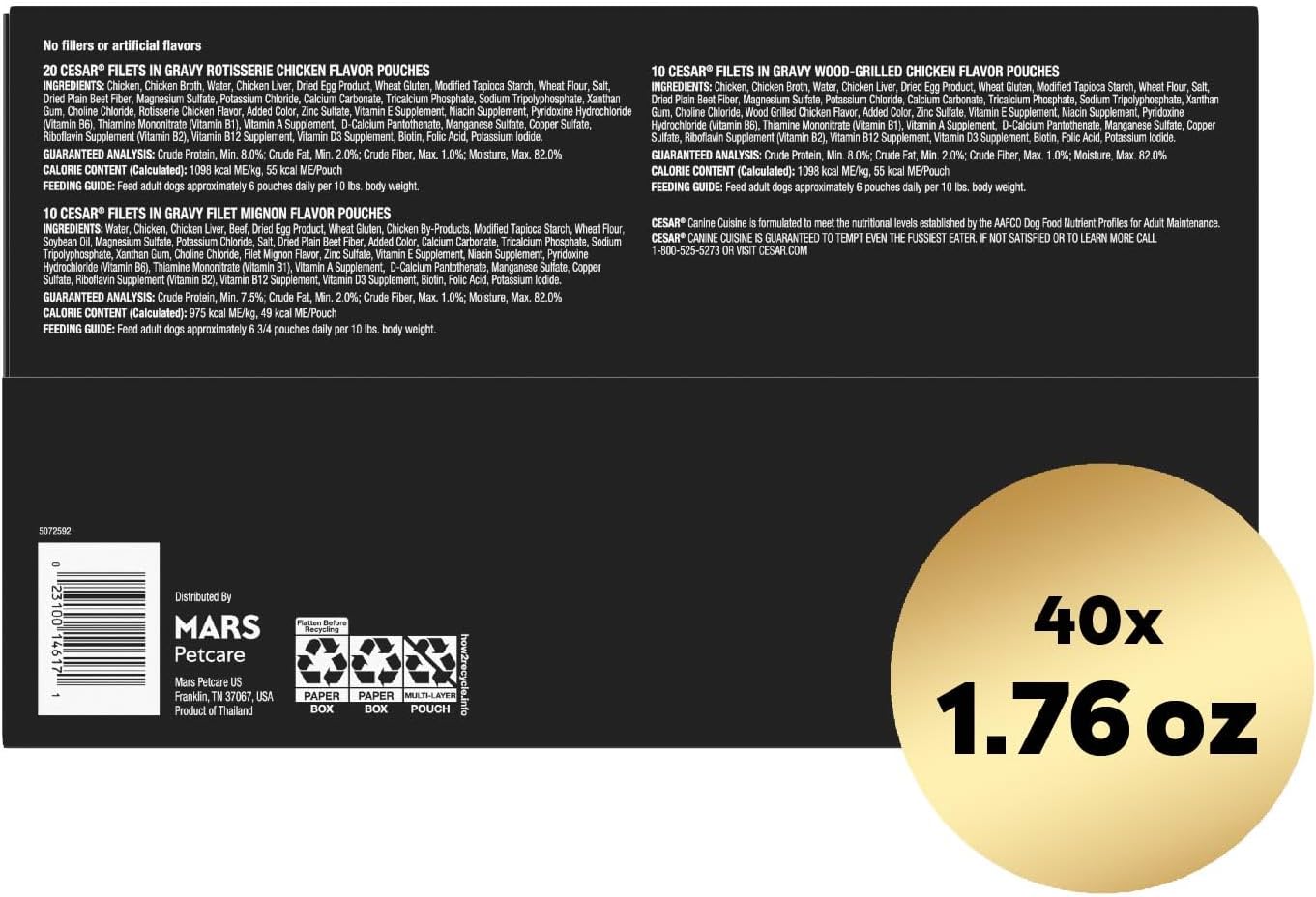Cesar Filets in Gravy Wet Dog Food Filet Mignon Flavor, Rotisserie Chicken Flavor, and Wood-Grilled Chicken Flavor Variety Pack, 1.76 oz. Mini-Pouches (40 Count, Pack of 1)