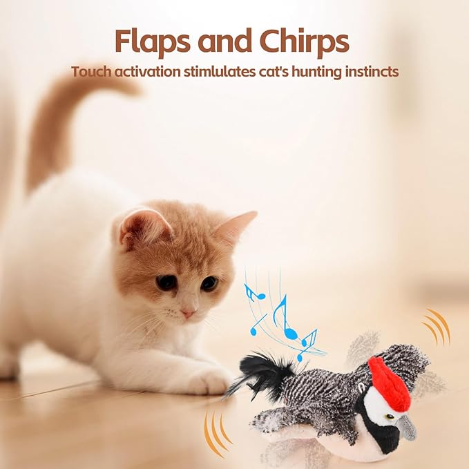 Flappy Bird Cat Toy for Indoor Cats, Simulated Chirping Flapping Wings Bird, Interactive Catnip Toys, Plush Kitten Exercise Toys (Woodpecker)