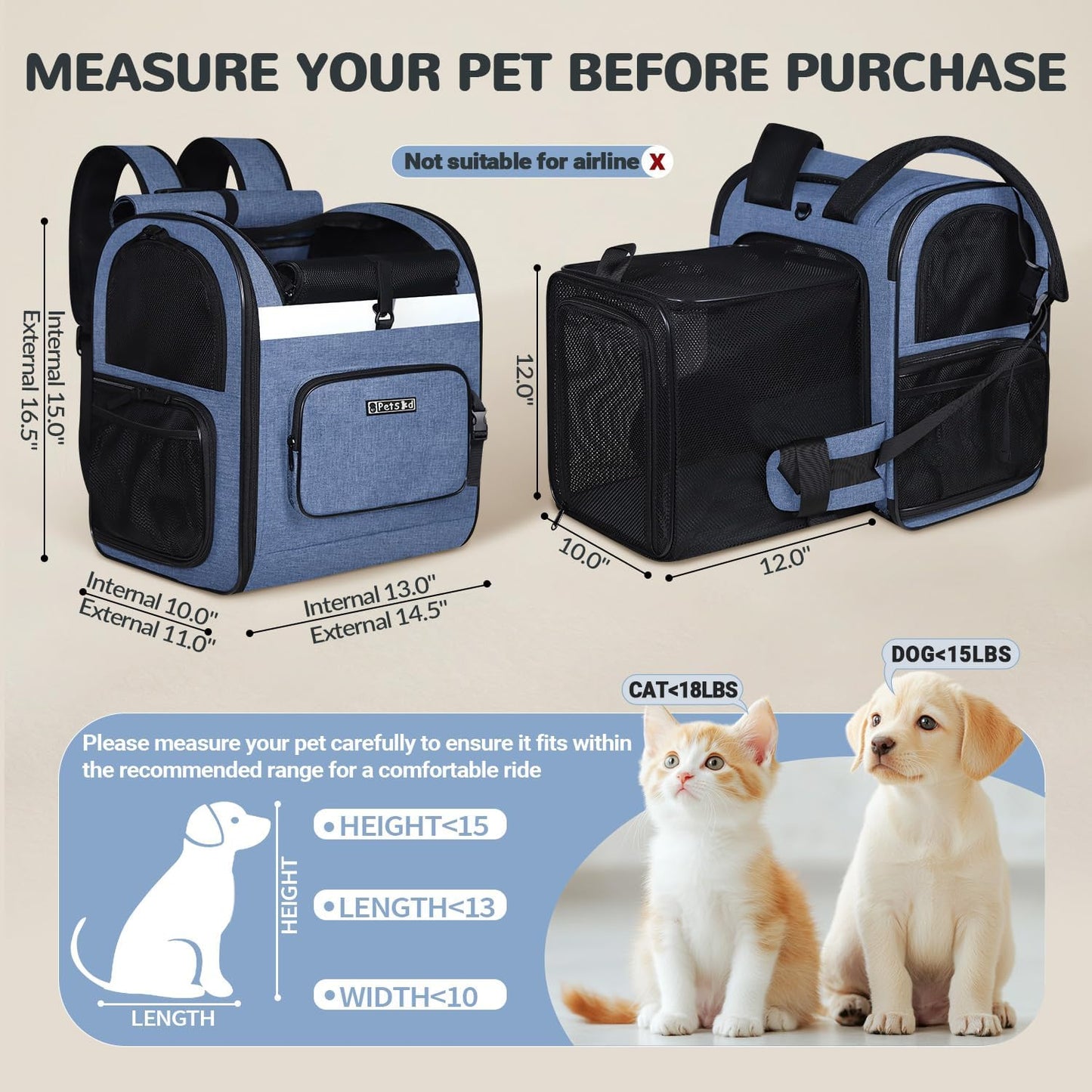 Petskd Expandable Pet Backpack Carrier 16.5x14.5x11 Inches for Small Dogs and Medium Cats,Portable Dog Cat Backpack Carrier for Hiking,Vet,Travel(Blue)
