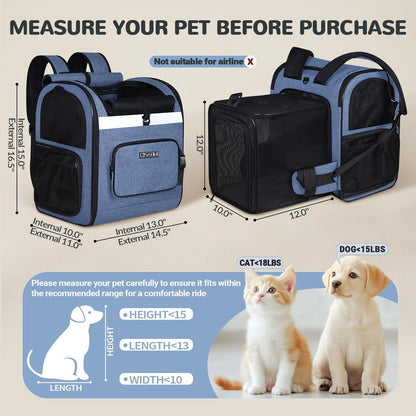 Petskd Expandable Pet Backpack Carrier 16.5x14.5x11 Inches for Small Dogs and Medium Cats,Portable Dog Cat Backpack Carrier for Hiking,Vet,Travel(Blue)