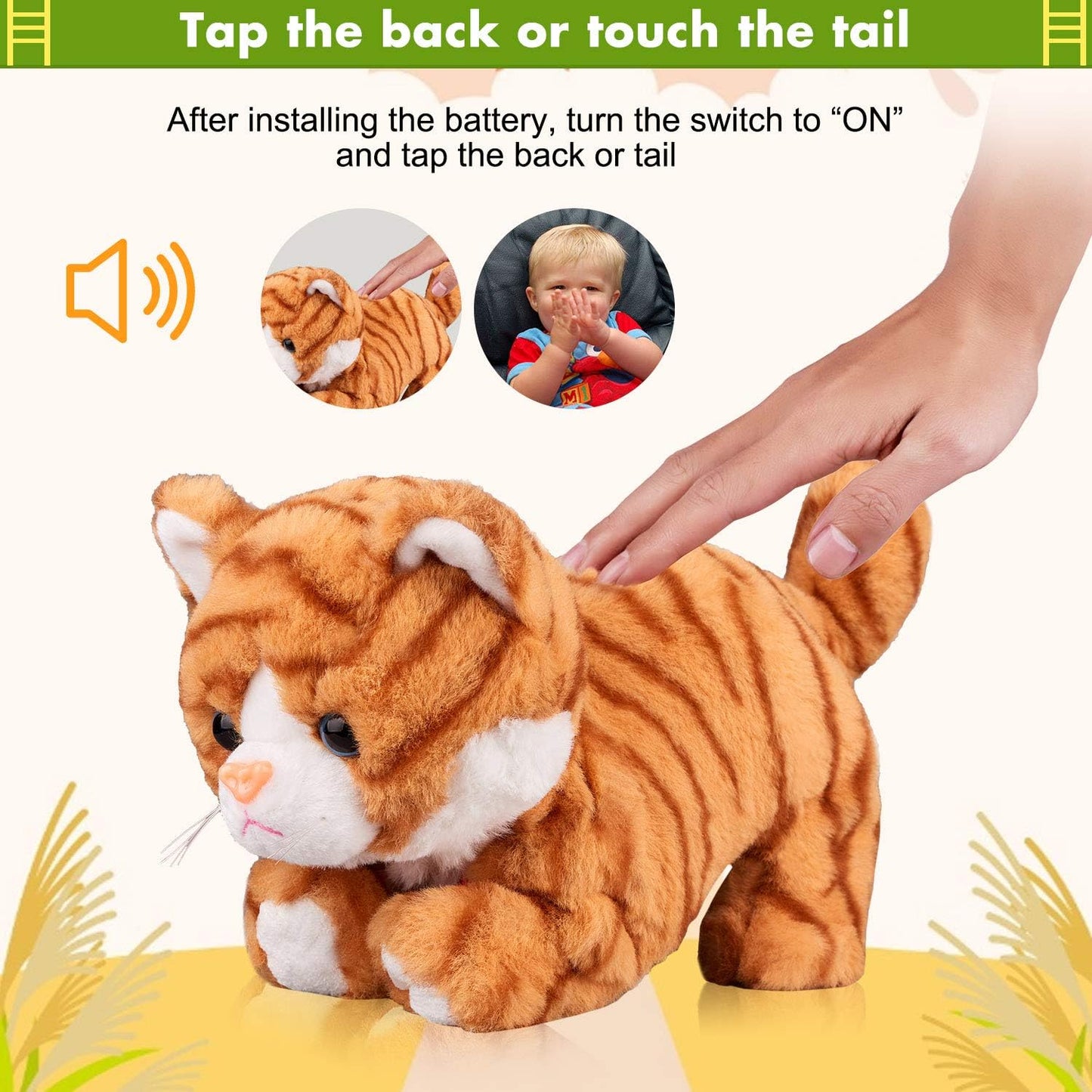 Pattern Yellow Plush Cat Stuffed Animal Interactive Cat Robot Toy, Barking Meow Kitten Touch Control, Electronic Pet Kitty Toy, Animated Toy Cat for Girl Baby L:12" * H:8" * W:5"