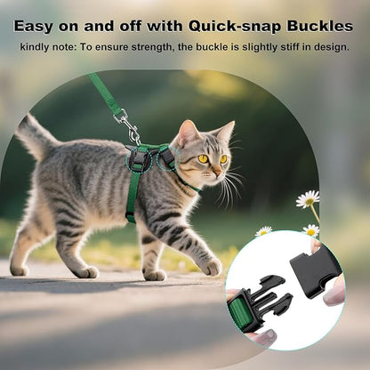 Plutus Pet Adjustable Cat Harness and Leash Set, Quick Release, Escape Proof Nylon Vest with Leather Trim for Kitten, Small Medium Large Cats, Green