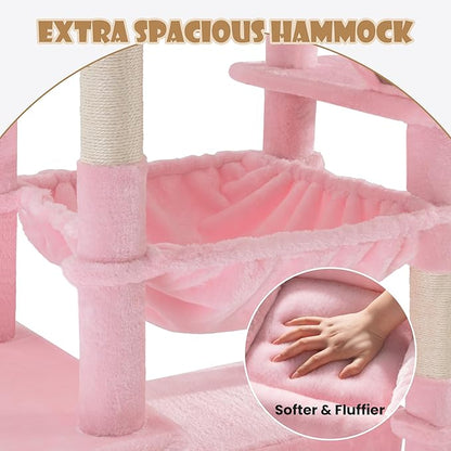 SHA CERLIN 81in Multi-Level Tall Cat Tree Tower for Indoor Kitties/Larger Cat Condo Furniture with Hammock/Cozy Pussycat Perches/Sisal Scratching Posts/Pet House/Wide Base/Pink