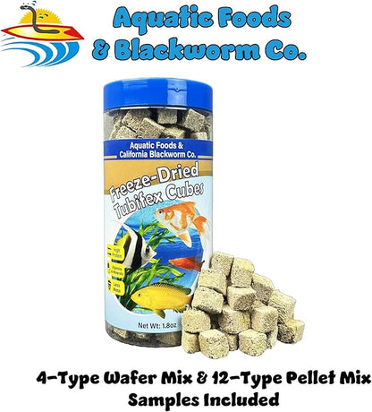 Aquatic Foods Inc. Tubifex Worms, Freeze Dried Tubifex Worm Cubes for Cichlids, Discus, Goldfish, Bettas, Marine Fish, All Tropical Fish, 12-Type Pellet Mix, 4-Type Wafer Mix Included..1.80oz Canister