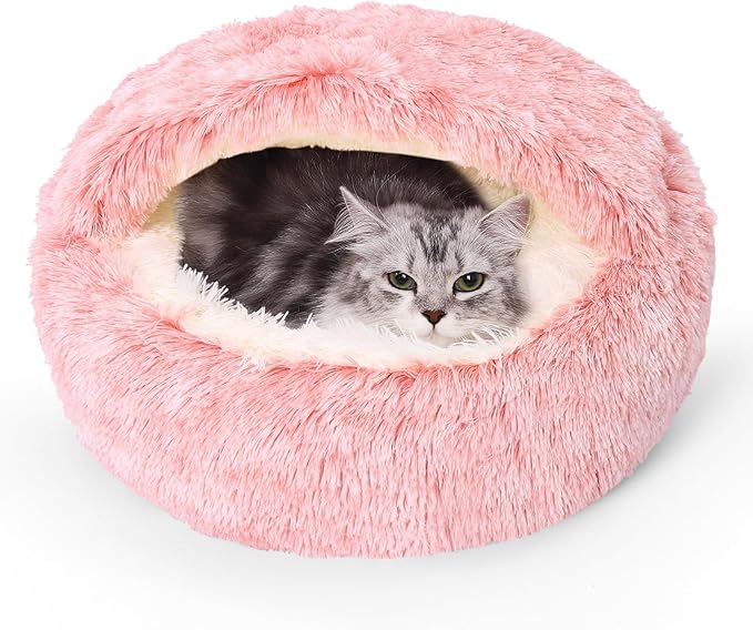 Calming Dog Beds & Cat Cave Bed with Hooded Cover,Removable Washable Round Beds for Small Medium Pets,Anti-Slip Faux Fur Fluffy Coved Bed for Improved Sleep,Fits up to 15/25 lbs(Bean Mush,S)