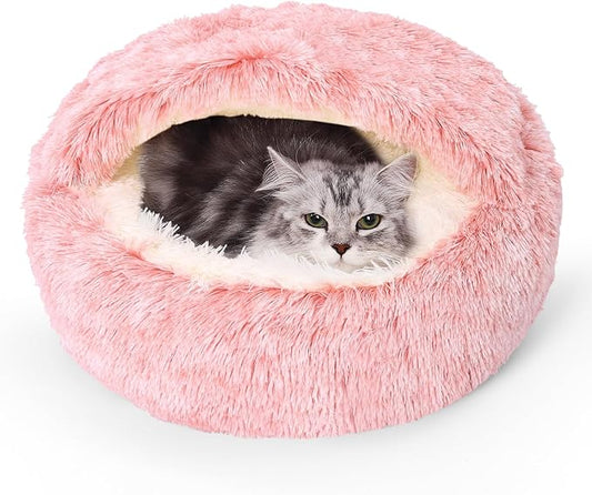 Calming Dog Beds & Cat Cave Bed with Hooded Cover,Removable Washable Round Beds for Small Medium Pets,Anti-Slip Faux Fur Fluffy Coved Bed for Improved Sleep,Fits up to 15/25 lbs(Bean Mush,S)