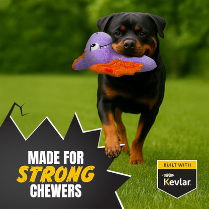 Bite Force - Durable & Strong Dog Toy Purple Dino with Squeaker, Kevlar-Reinforced for Aggressive chewers.