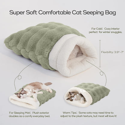 Cat Sleeping Bags for Indoor Cats Self Warming Cat Bed Fits up to 15 lbs Pets Soft Plush Warm Bed 360° Wrap Bag Washable Comfortable Pet Sleeping Bed 21" × 17" Green