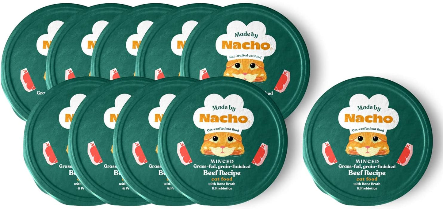 Made by Nacho Wet Cat Food, Grass-Fed, Grain-Finished Minced Beef in Bone Broth for Hydration with Prebiotics for Digestive Health, High Protein, 2.5oz Cups (10 Pack)