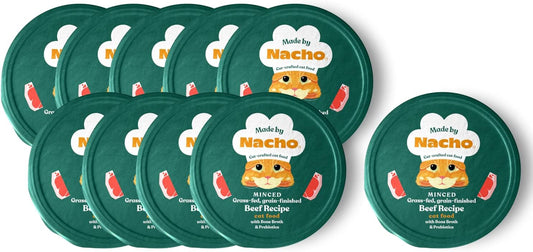 Made by Nacho Wet Cat Food, Grass-Fed, Grain-Finished Minced Beef in Bone Broth for Hydration with Prebiotics for Digestive Health, High Protein, 2.5oz Cups (10 Pack)