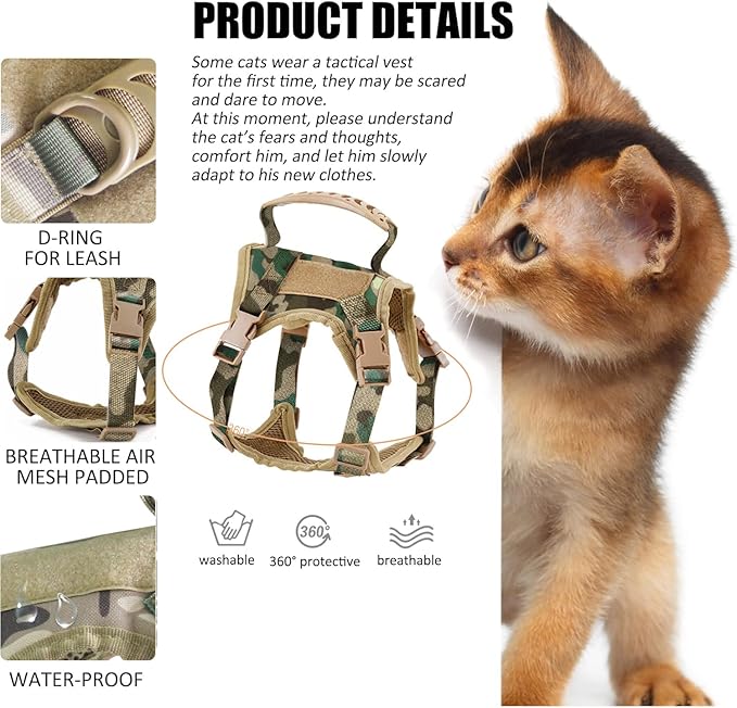 AIWAI Tactical Cat Harness for Walking Escape Proof, Adjustable Pet Vest Harness, Soft Mesh with Control Handle for Large Cat Small Dog, Gift with Patch (Camouflage, cat Harness and Leash Set)