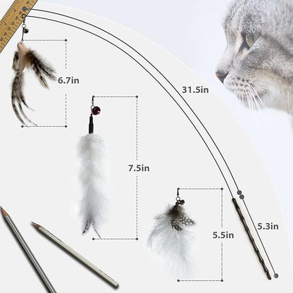 Cat Feather Toys - Interactive Wand & Teaser Set, Indoor Kitten Play & Exercise