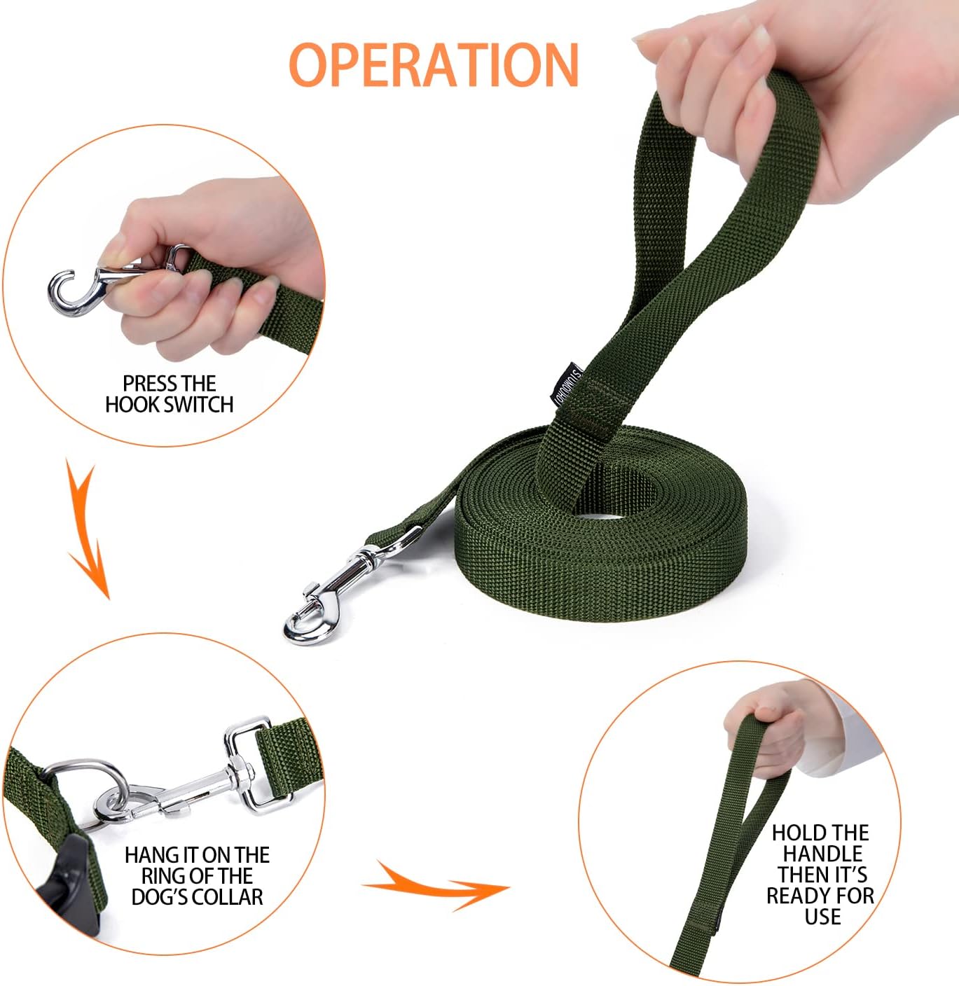 Strong Durable Nylon Dog Training Leash, 1 Inch Wide Traction Rope, 6 ft 10ft 15ft Long, for Small and Medium Dog (Military Green, 15 Feet)