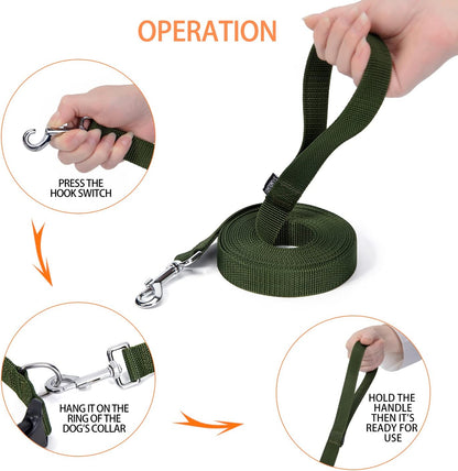 Strong Durable Nylon Dog Training Leash, 1 Inch Wide Traction Rope, 6 ft 10ft 15ft Long, for Small and Medium Dog (Military Green, 15 Feet)
