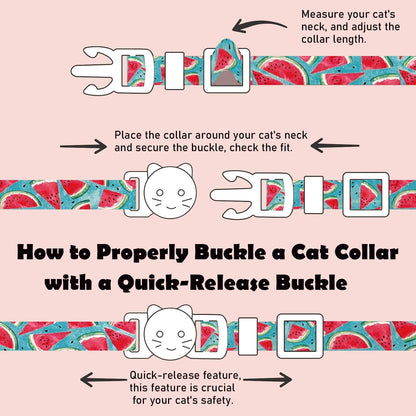 2 Pack Cotton Breakaway Cat Collars Set with Bell and Flower Pendant, Cute Floral Fruit Patterned, Adjustable 7.5-11Inch, Include A Mouse Toy Gift (Watermelon Blueberry)