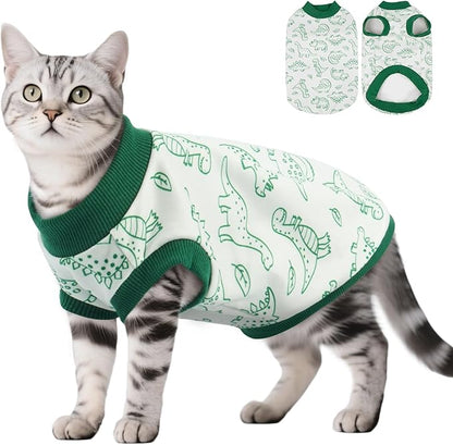 DENTRUN Sleeveless Cat Vest with Dinosaur Print, Breathable Ultra-Soft Dralon Fleece Cat Sweater, All-Season Pet Costume Apparel for Cats, Kitten Clothing for Indoor/Outdoor, Green, S