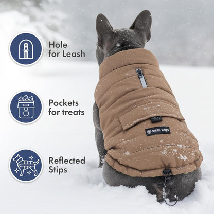 Spark Paws Dog Winter Jacket, Water-Resistant Coat, Warm Reflective Windproof Fleece-Interior, for Medium and Large Dogs - Tan - L