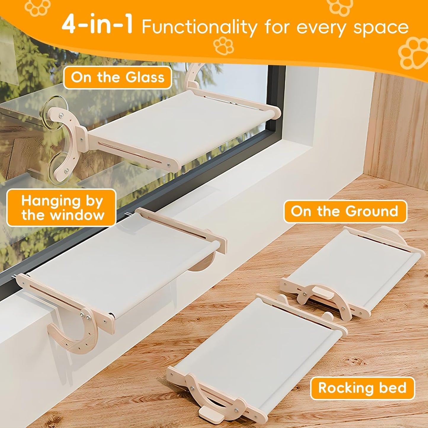 4-in-1, Cat Window Perch,cat Bed, Sturdy Oak Hammock,Suitable for Indoor Cats to Rest and Play. It can be Used as a Hammock, a Resting Area by The Window, a Cats Bed, a cat Rocking Toy