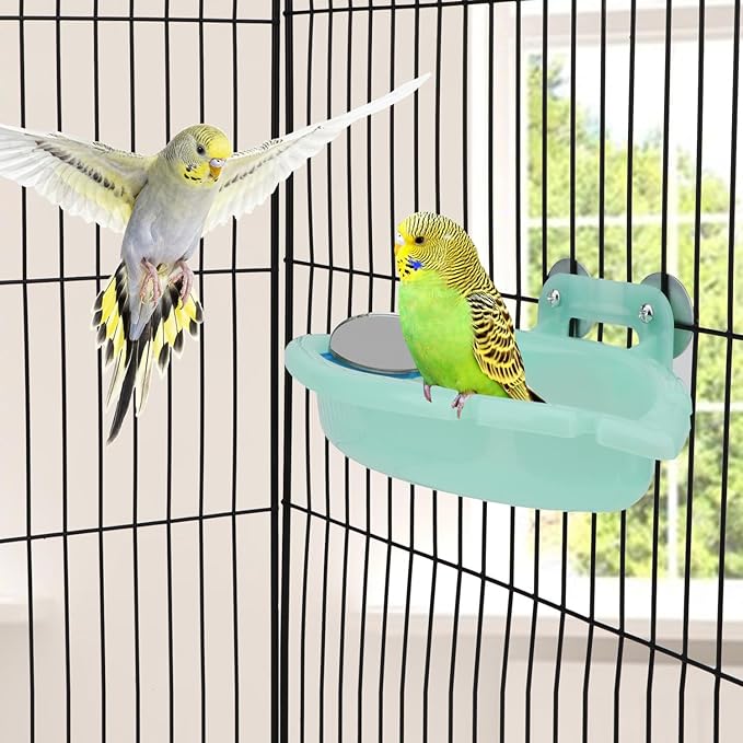 Wontee Bird Bath for Cage Portable Parrot Hanging Bathroom Bathing Tub with Mirror for Small Birds Parakeets Budgies Lovebirds Canaries Finches