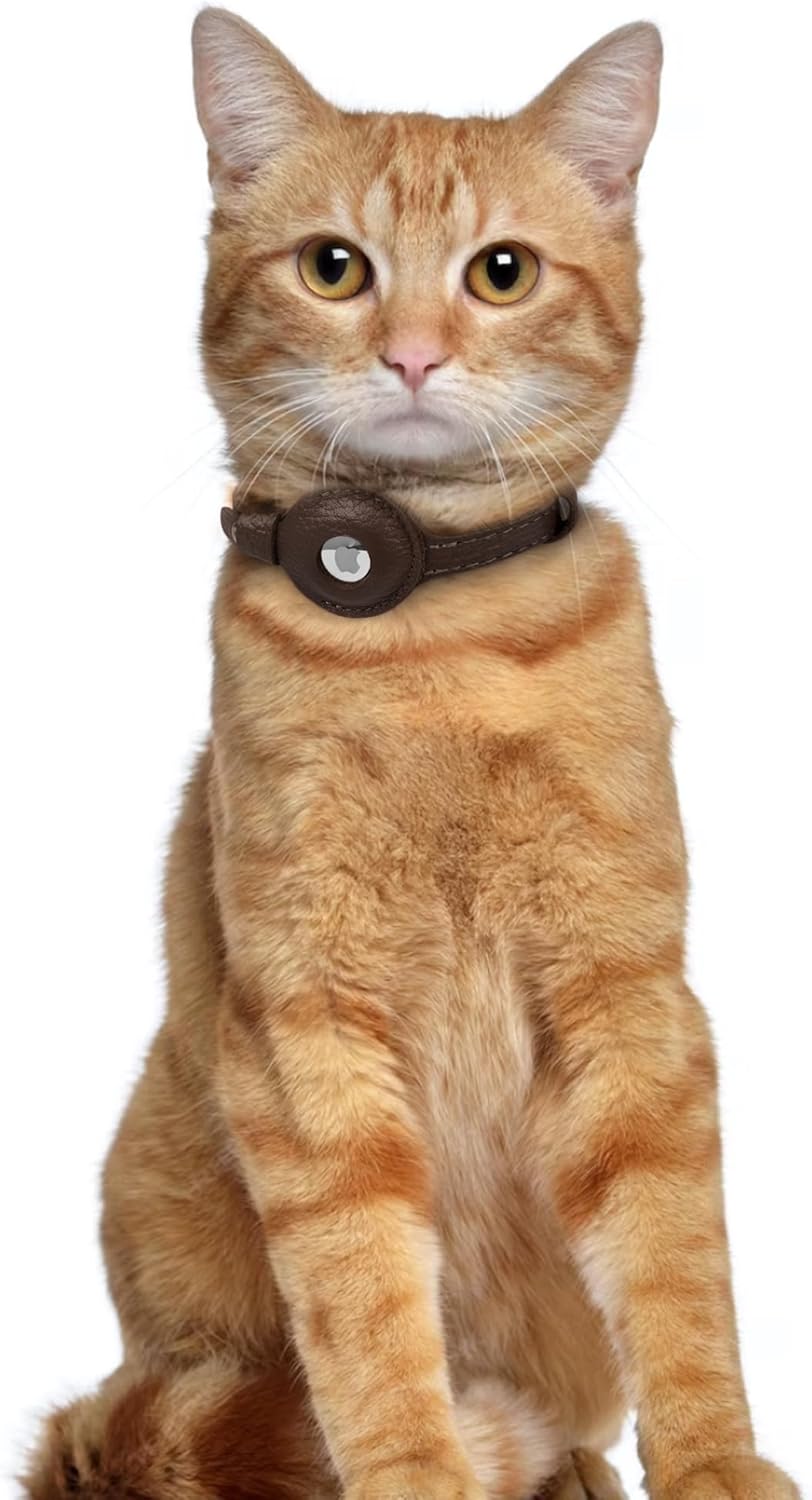 OOPSDOGGY Leather AirTag Cat Collar with Bell - Non Breakaway Kitten Collar with Apple Air Tag Holder - Lightweight GPS Pet Collars for Girl Boy Cats, Small Dogs, Puppies (Dark Brown)